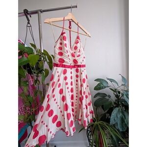 Vintage Armani Exchange Dress 2 100% Silk Wrap Halter Polkadot Mod Retro Pink